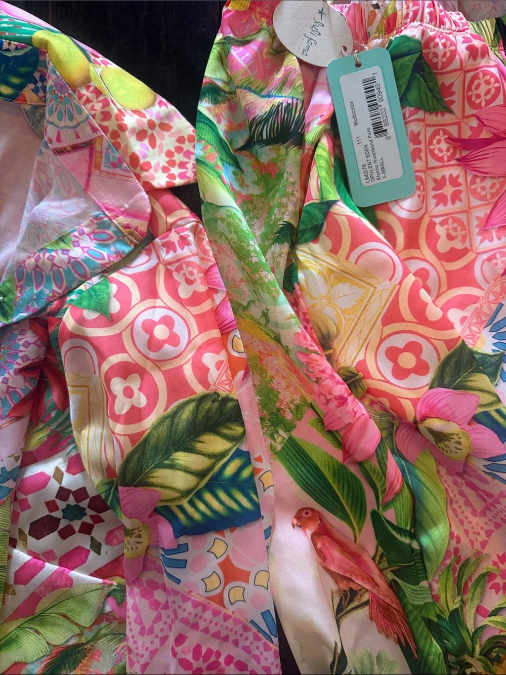Luli Fama Tropical Floral Pink Green Multicolor Jacket & Pants Set